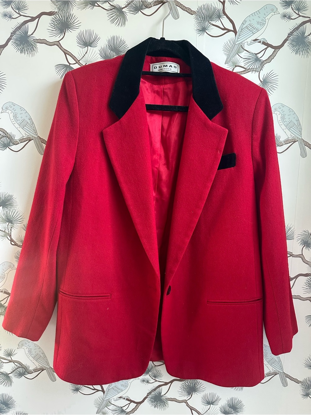 Vintage Dumas Red 100% Wool Blazer with Black Velvet Collar – Made in USA